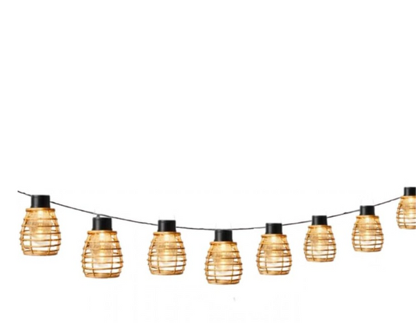 String of rattan lanterns on a white background