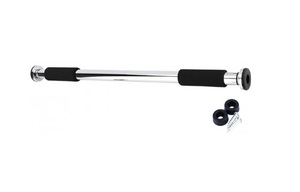 Barbell with black grips and attachments on a white background