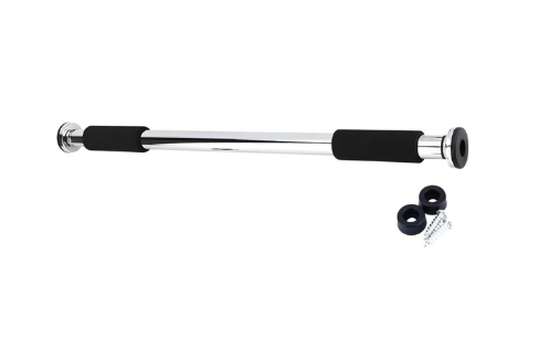 Barbell with black grips and attachments on a white background