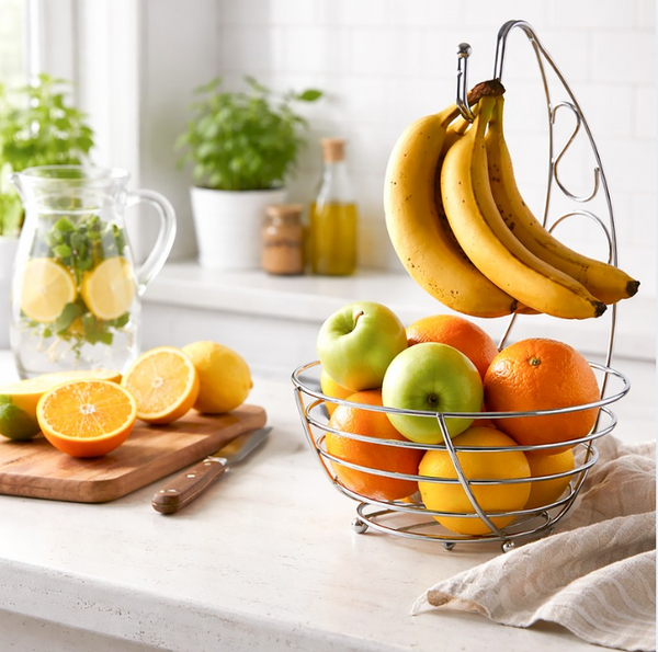 Fruit basket with bananas, apples, and oranges on a kitchen counter.