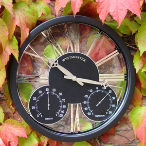 Outdoor clock with temperature and humidity gauge surrounded by autumn leaves