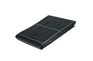 Black plastic sheet with green stitching on a white background