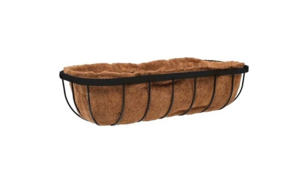 Brown woven basket with black metal rim on a white background