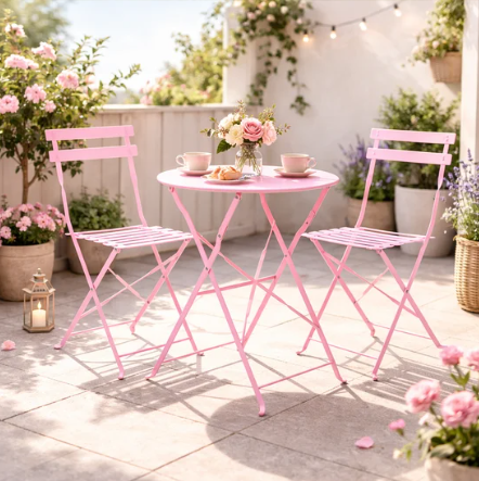 Pink outdoor table and chairs set with flowers and cups on a patio