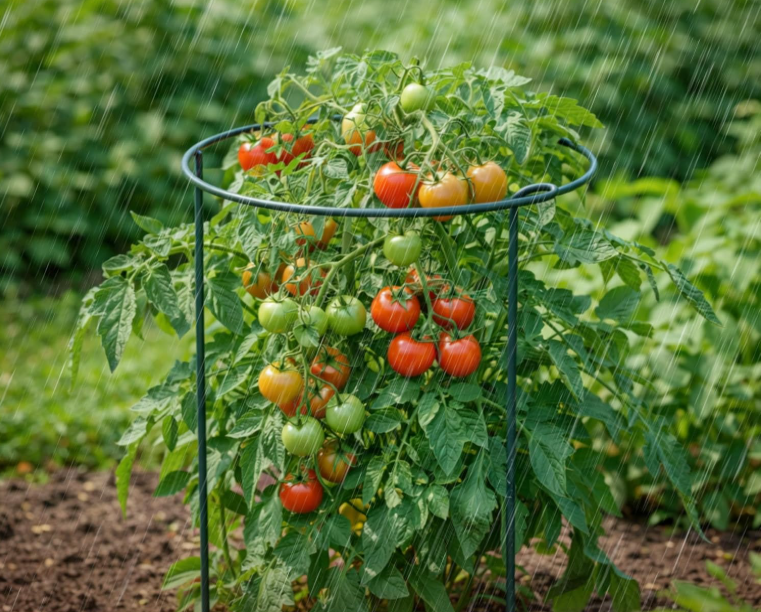 A tomato plant with green foliage and mixed red and green tomatoes, supported by a black metal cage in a garden during rainy weather.