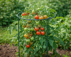 A tomato plant with green foliage and mixed red and green tomatoes, supported by a black metal cage in a garden during rainy weather.