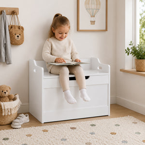 White Wooden Storage Box with Bench