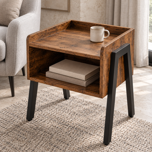 A rustic brown wooden end table with black metal legs, styled in a living room next to a gray armchair with a mug on top and books in the open shelf.