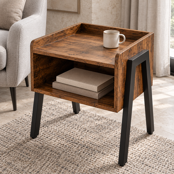 A rustic brown wooden end table with black metal legs, styled in a living room next to a gray armchair with a mug on top and books in the open shelf.