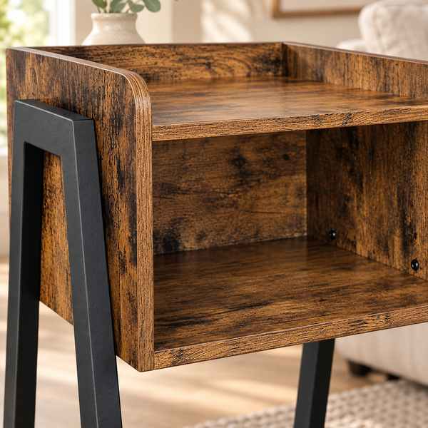 A rustic brown wooden side table with a dark wood grain finish and black metal legs, shown in a bright, modern living room setting.