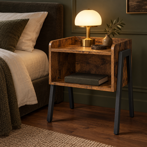 A rustic wooden nightstand with dark metal legs, styled next to a bed in a bedroom. The nightstand features an open shelf, a warm glowing table lamp with a gold base, a small vase with greenery, and a dark gray book.