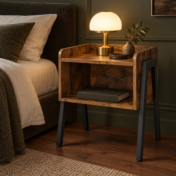A rustic wooden nightstand with dark metal legs, styled next to a bed in a bedroom. The nightstand features an open shelf, a warm glowing table lamp with a gold base, a small vase with greenery, and a dark gray book.