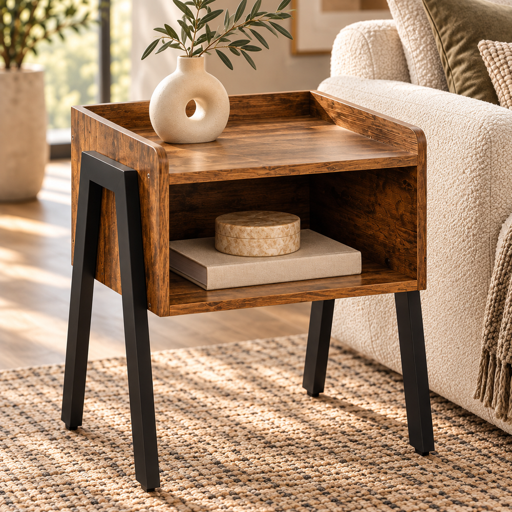 A rustic wooden end table with black metal legs, styled in a cozy living room next to a beige sofa. The table features a warm medium-brown wood finish with visible grain, a single open shelf holding a book and decorative stone, and a small white ceramic vase with greenery on top.