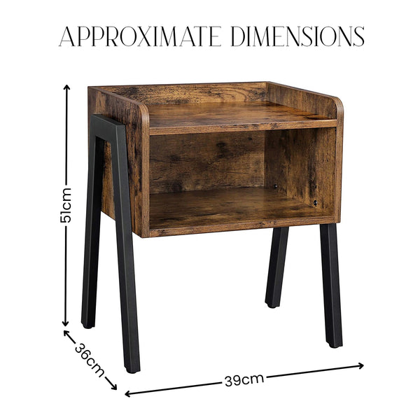 A rustic wooden side table with black metal legs, shown with dimension arrows and labels indicating approximate measurements of 51 cm height, 36 cm width, and 39 cm depth on a white background.