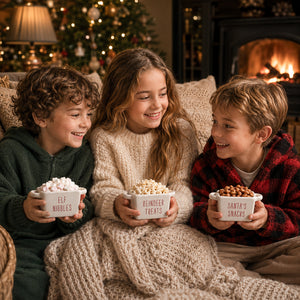 Three children sitting together on a couch in a cozy living room, each holding a white bowl of snacks labeled 'ELF NIBBLDS', 'REINDEER TREATS', and 'Santa's Snacks' respectively. They are wrapped in a chunky knit blanket, with a fireplace and a decorated Christmas tree in the background.