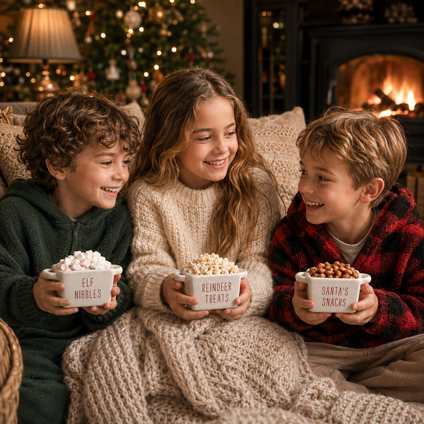 Three children sitting together on a couch in a cozy living room, each holding a white bowl of snacks labeled 'ELF NIBBLDS', 'REINDEER TREATS', and 'Santa's Snacks' respectively. They are wrapped in a chunky knit blanket, with a fireplace and a decorated Christmas tree in the background.