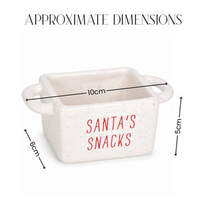A small white speckled ceramic container with side handles and red 'SANTA'S SNACKS' text, shown with dimension arrows and labels reading 10cm, 6cm, and 5cm, under the heading 'APPROXIMATE DIMENSIONS'.