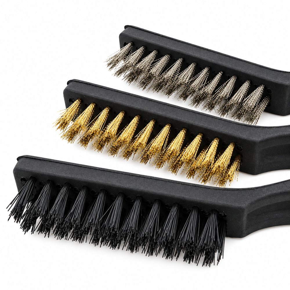 3pc Wire Brush Set 9" Long Steel Brass Nylon DIY Metal Rust Remover