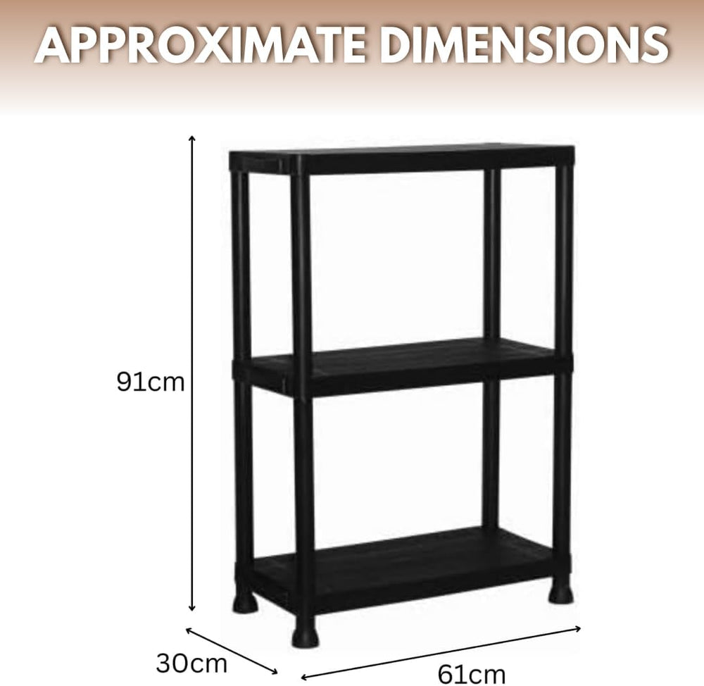 Three tier plastic shelving unit for garage storage