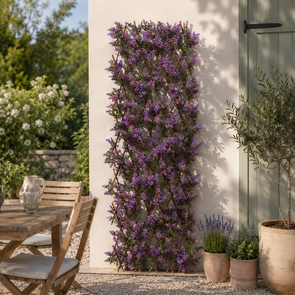 Artificial foliage and violet flower wall trellis