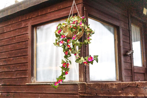 Faux floral hanging basket with galvanised chain