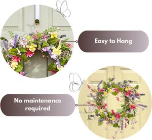 Artificial flower wreath hanging on front door