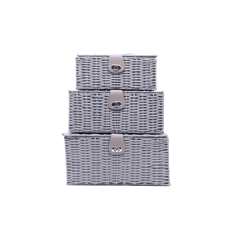 Three gray wicker storage baskets with lids, stacked on top of each other, with a leather-look strap and metal wire frame.