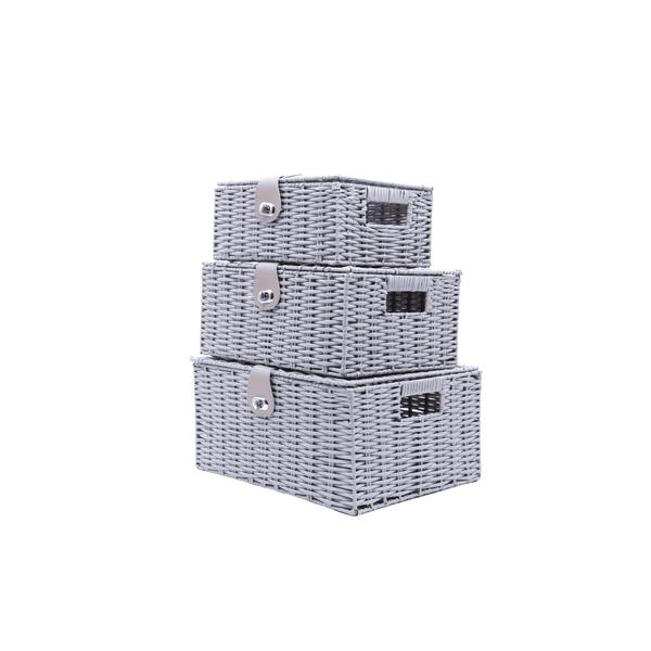 Set of three gray wicker storage baskets on a white background