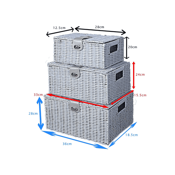 Two wicker storage baskets with dimensions labeled on a white background