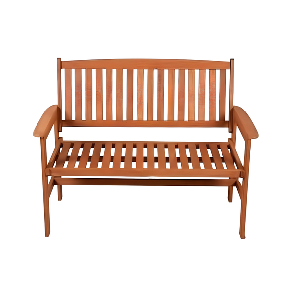 A wooden garden bench with a warm brown finish, featuring a slatted backrest and seat, armrests, and a lower support rail, shown against a plain white background.