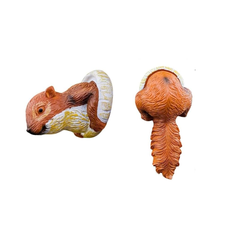 A red squirrel garden statue peeking out from a tree trunk, with a hand-painted, realistic appearance.