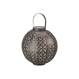 A spherical metal lantern with an intricate cutout geometric pattern and a curved carrying handle, shown on a plain white background.