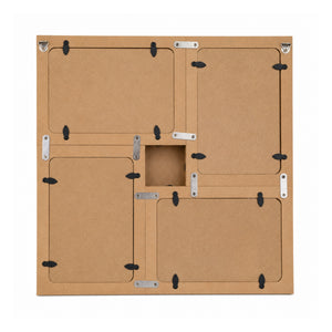 A square brown cardboard display board or wall-mounted frame back, shown from the back against a plain white background. The board features multiple rectangular mounting slots, a central square cutout, and silver metal corner brackets with black plastic fasteners.