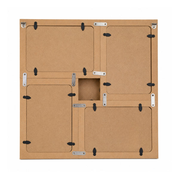 A square brown cardboard display board or wall-mounted frame back, shown from the back against a plain white background. The board features multiple rectangular mounting slots, a central square cutout, and silver metal corner brackets with black plastic fasteners.