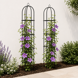 Two black metal arched trellis towers with purple clematis flowers, shown in a garden setting against a white wall.