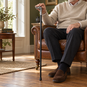 A person seated in a brown leather armchair in a sunlit living room holds a black cane with a decorative silver handle. The person wears a beige sweater, dark trousers, and brown loafers.