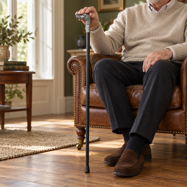 A person seated in a brown leather armchair in a sunlit living room holds a black cane with a decorative silver handle. The person wears a beige sweater, dark trousers, and brown loafers.