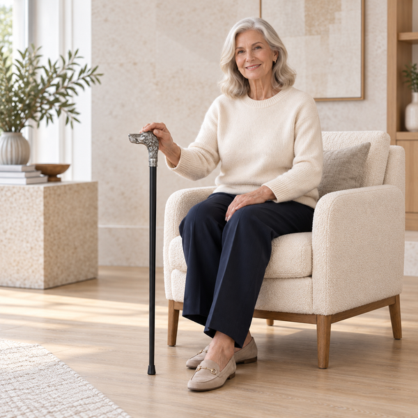 An older woman with gray hair sits in a cream boucle armchair in a bright, modern living room, holding a black cane with a decorative silver handle.