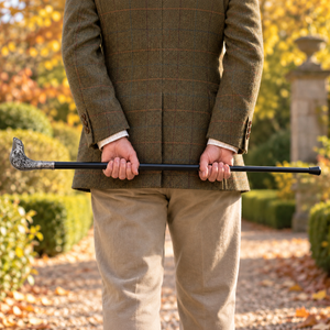 A person outdoors in a garden wearing a brown tweed blazer and beige trousers, holding a long black cane with a decorative silver-toned head.