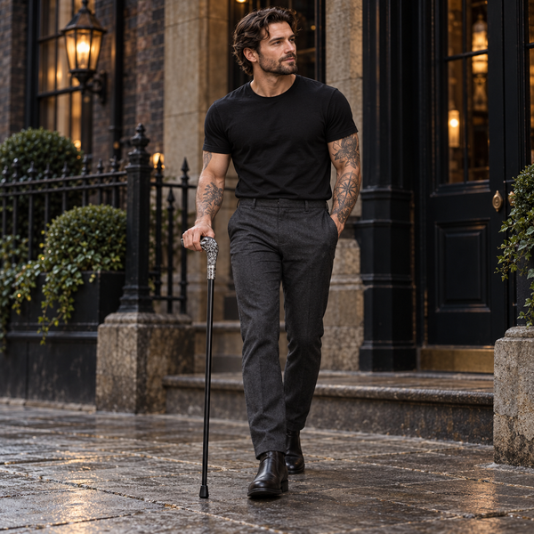 A man with tattoos walks down a wet cobblestone street in front of a dark building entrance, wearing a black short-sleeve crewneck t-shirt and dark gray trousers, holding a cane.