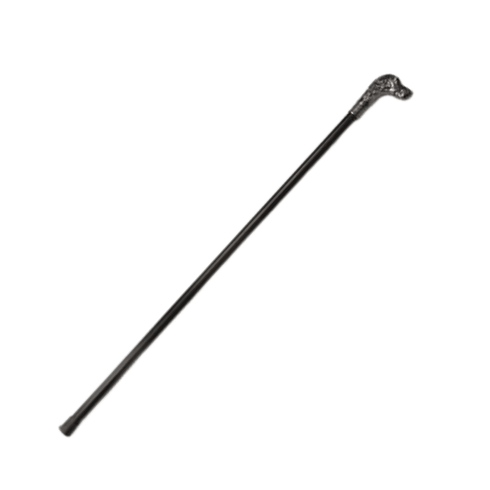 An antique-style walking stick with a zinc alloy handle shaped like a dog's head on a black iron shaft with a rubber tip.