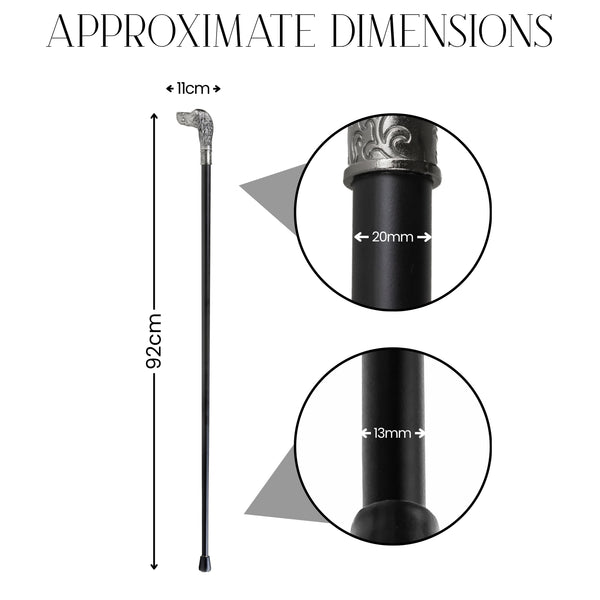 A black walking cane shown with dimension callouts reading 92 cm total length, 11 cm handle width, 20 mm barrel diameter, and 13 mm handle diameter, plus circular close-ups of the top cap and barrel.
