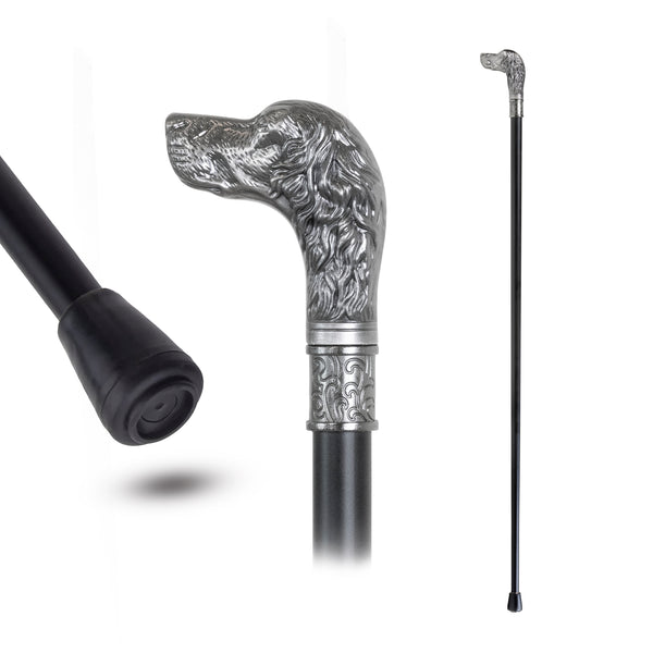 A black walking cane shown from multiple angles on a white background, including a close-up of the black rubberized grip and a full-length view of the cane with an ornate silver-toned dog-head handle and decorative band.
