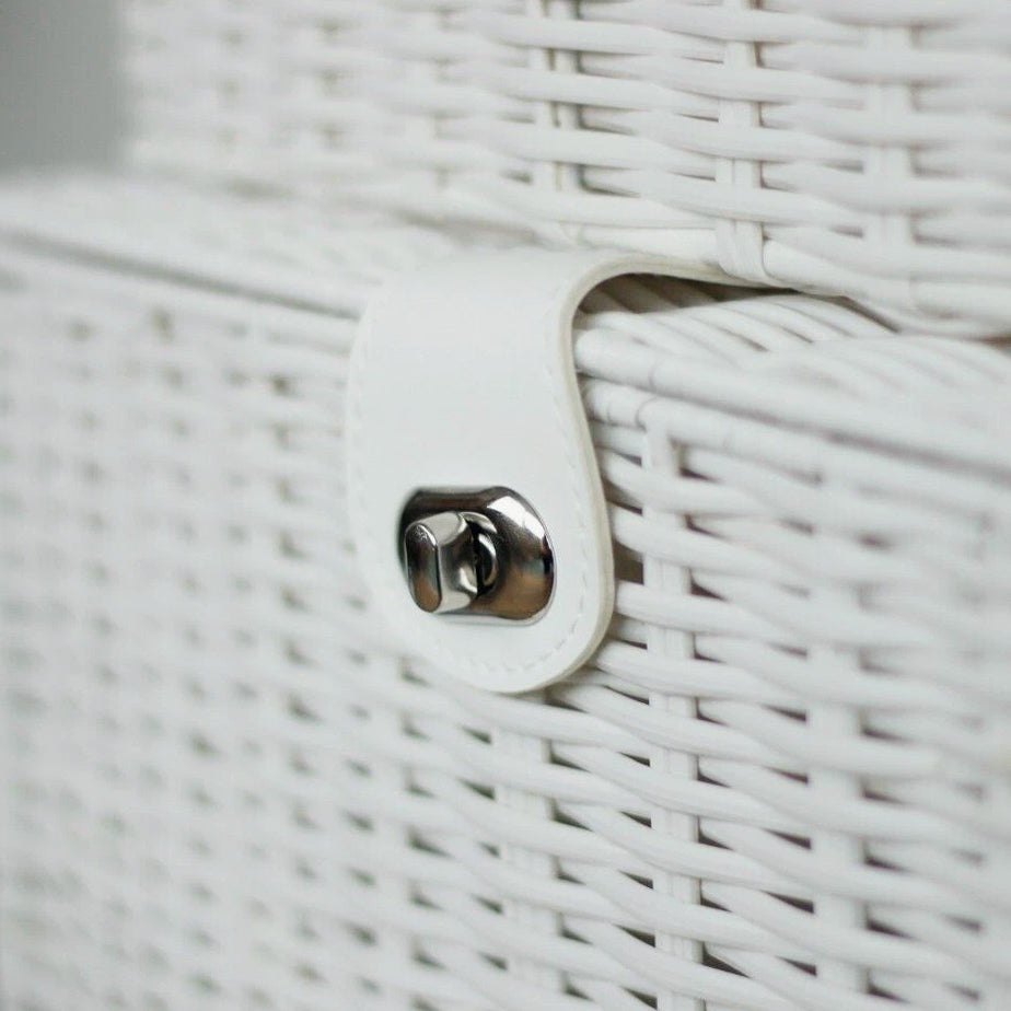 White wicker storage baskets with removable fabric liners