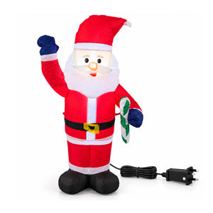 Inflatable Santa Claus Christmas decoration waving with one hand and holding a candy cane, shown on a white background with its power cord and plug.