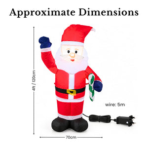 Inflatable Christmas Santa Claus figure shown with dimension labels indicating a height of 120 cm, width of 70 cm, and a 5-meter wire length on a white background.