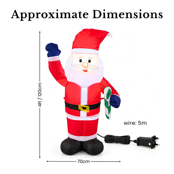Inflatable Christmas Santa Claus figure shown with dimension labels indicating a height of 120 cm, width of 70 cm, and a 5-meter wire length on a white background.