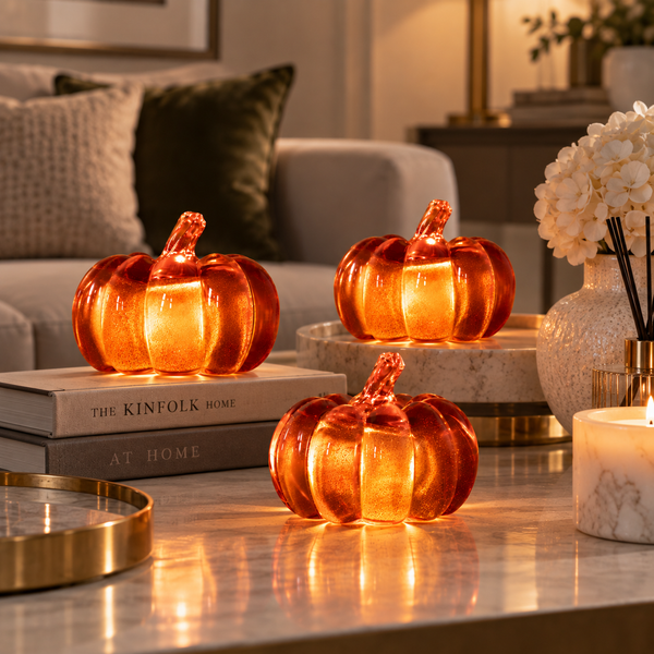 Three glowing amber glass pumpkin candle holders arranged on a marble coffee table in a cozy living room setting.