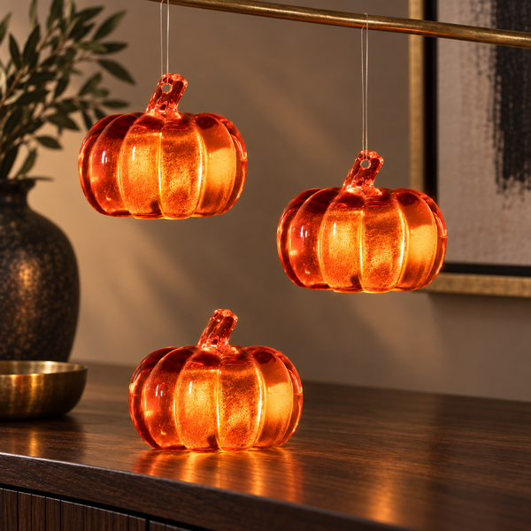Three orange pumpkin-shaped pendant lights made of textured glass, shown hanging and resting on a wooden table in a warmly lit interior setting.