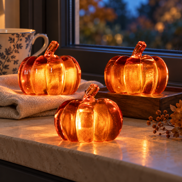 Three glowing amber glass pumpkins arranged on a windowsill with a folded linen cloth, a ceramic mug, and dried flowers nearby. The pumpkins are illuminated from within, casting a warm orange light.